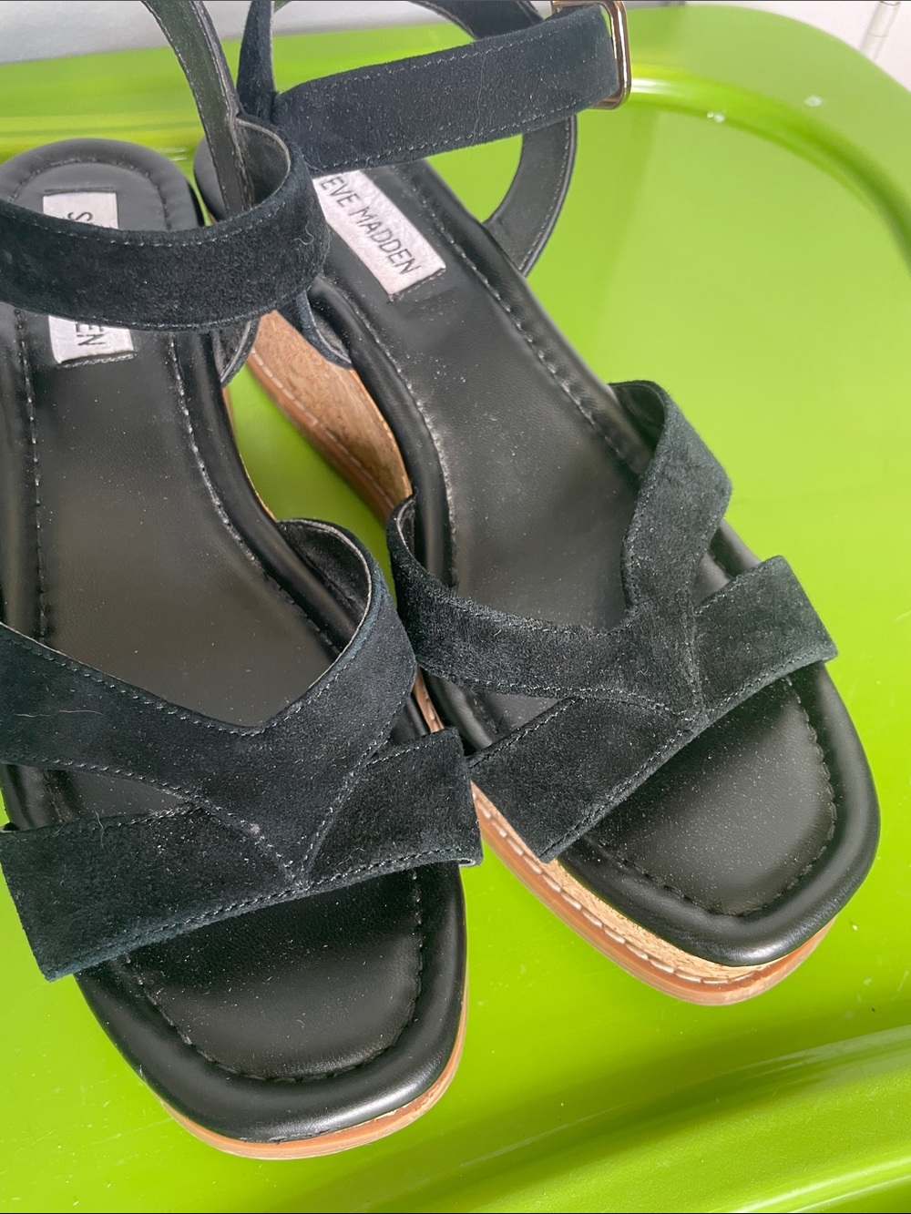 Steve Madden 7.5 Robbin Suede Straps Cork Wedge Open Toe Sandals Summer Resort - Picture 2 of 8